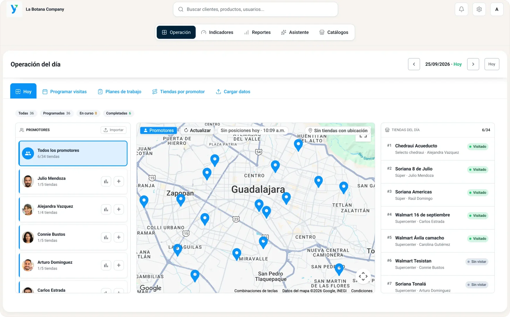 Tablero de supervisión de Handy Promo con el mapa de tiendas y el listado de promotores