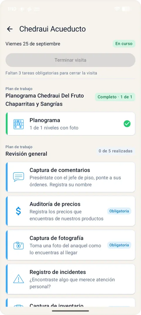 App de Handy Promo mostrando las tareas de ejecución de un promotor en una tienda
