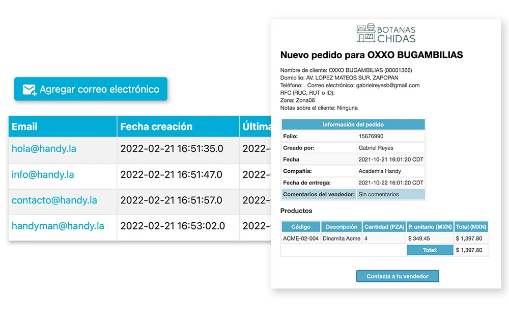 Envío de pedidos por correo al cliente.