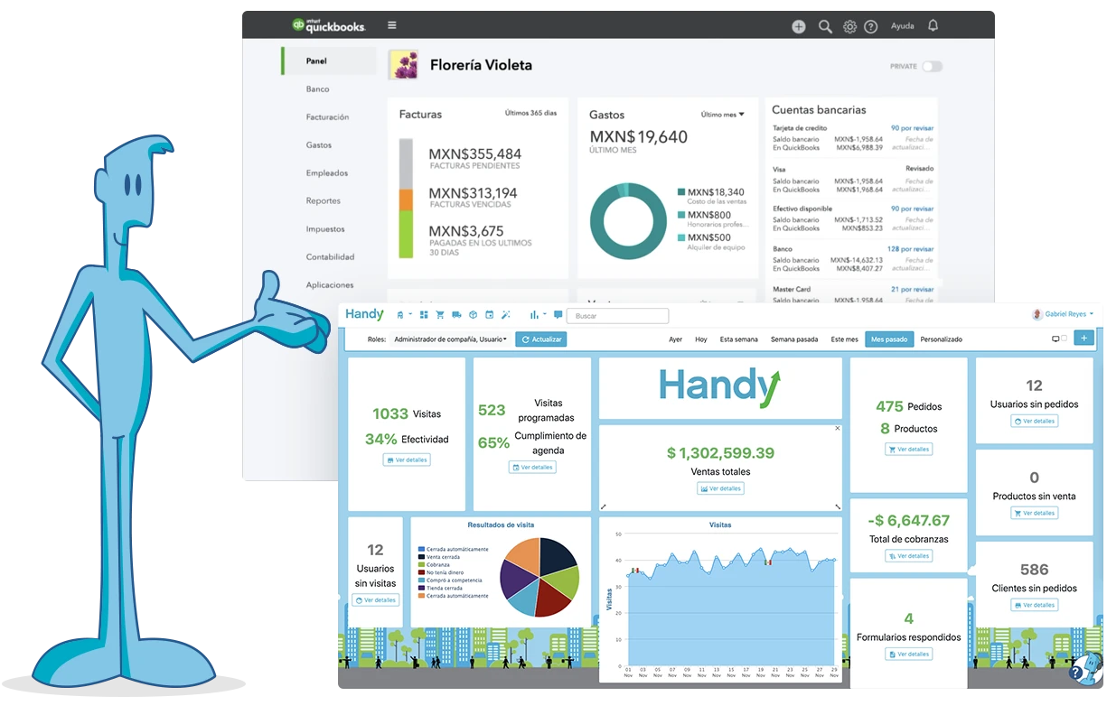 Handyman con screenshots de Handy y Quickbooks.