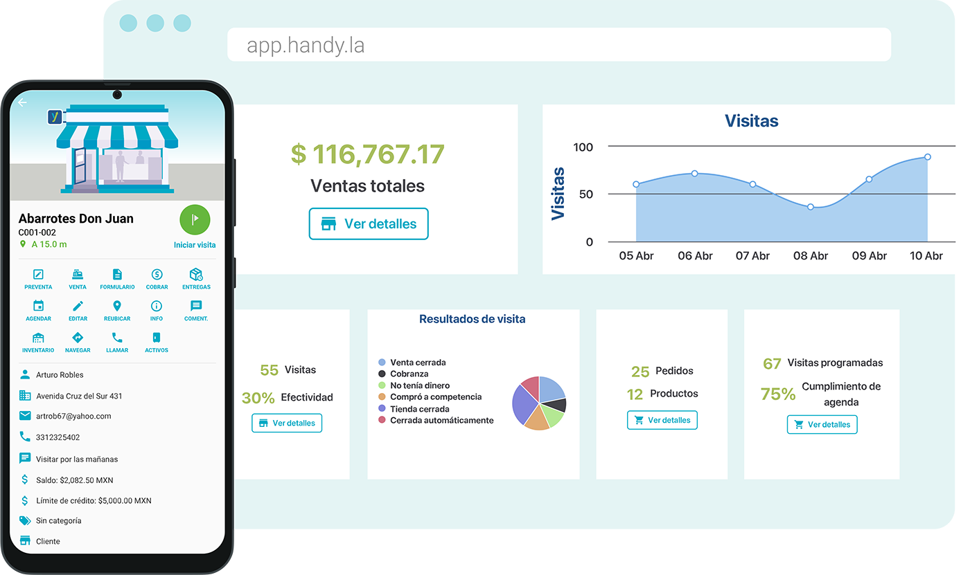 App Handy en dispositivo móvil y de escritorio.
